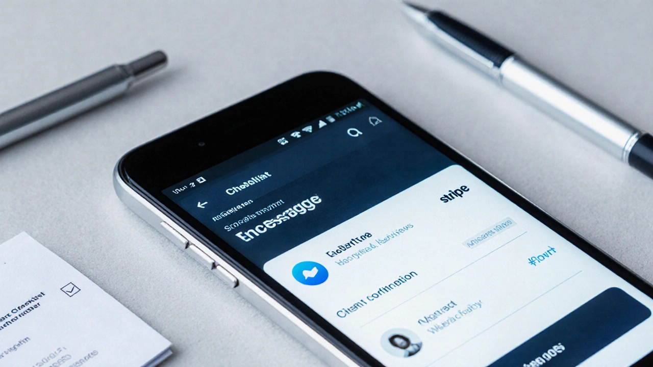 Smartphone screen displaying encrypted messaging and payment confirmation with a consent checklist nearby.