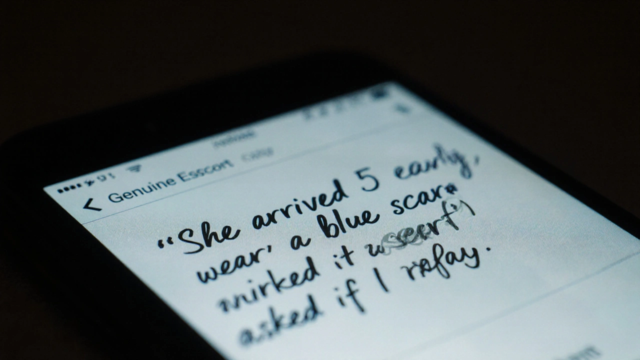 Smartphone showing a detailed, authentic-looking escort review with personal details.