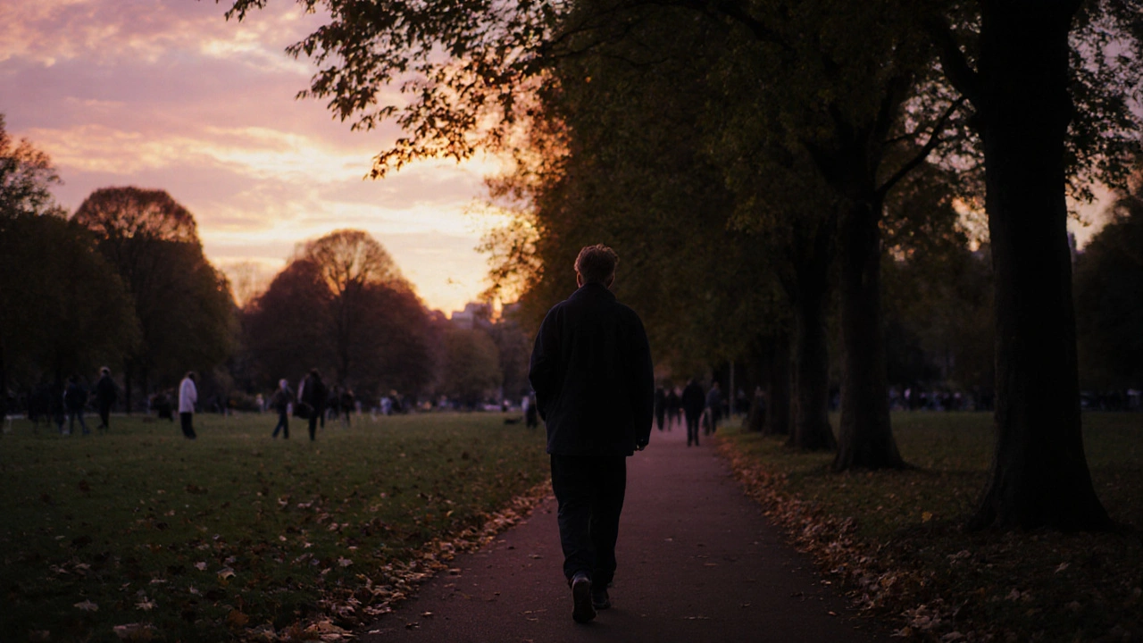 Someone walking peacefully through Regent’s Park at sunset, surrounded by autumn trees.