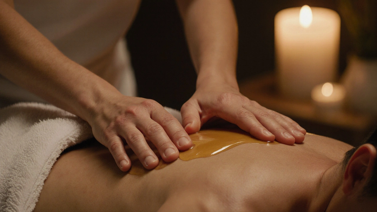 Therapist&#039;s hands massaging a draped back with warm oil, focusing on gentle touch and skin texture.