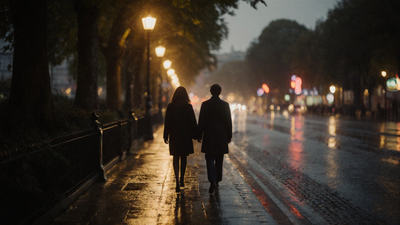 Two figures walking softly along a London street at dusk, backlit by golden lights.
