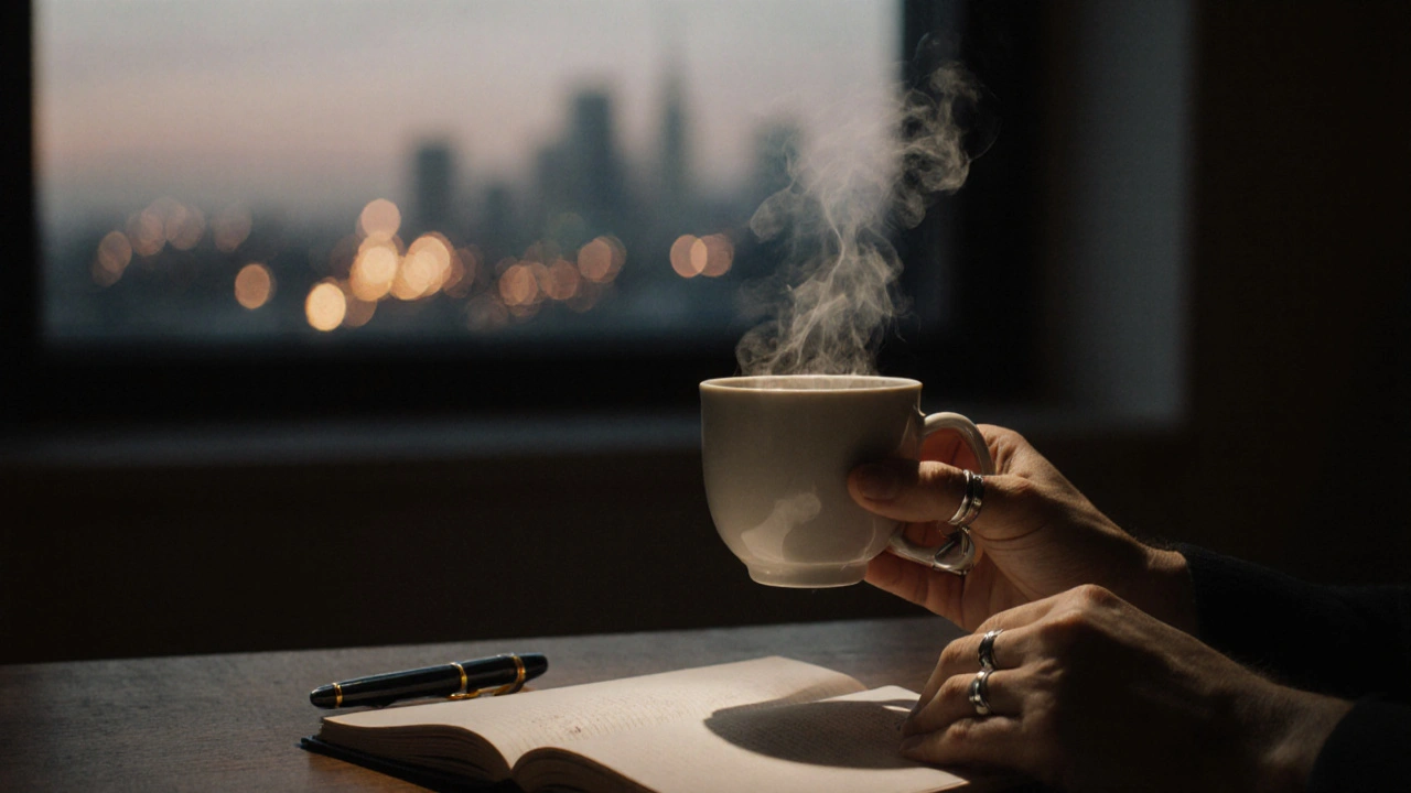 Two hands holding a teacup, one with a wedding band, beside a journal