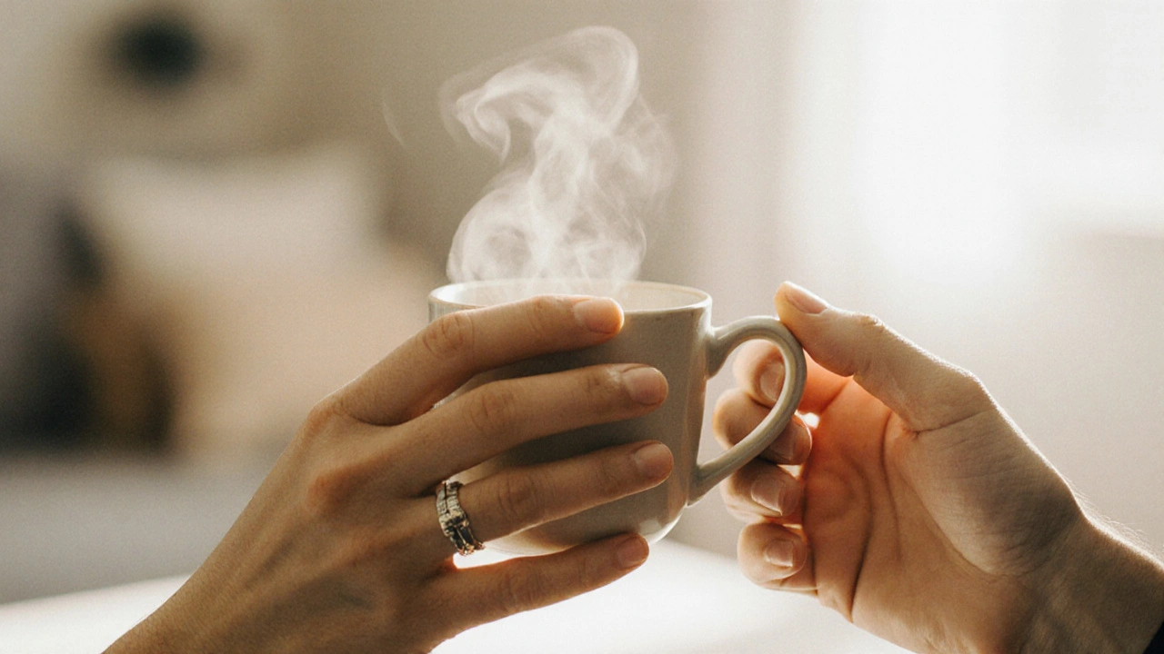 Two hands holding a teacup together, one with a wedding ring, one bare.