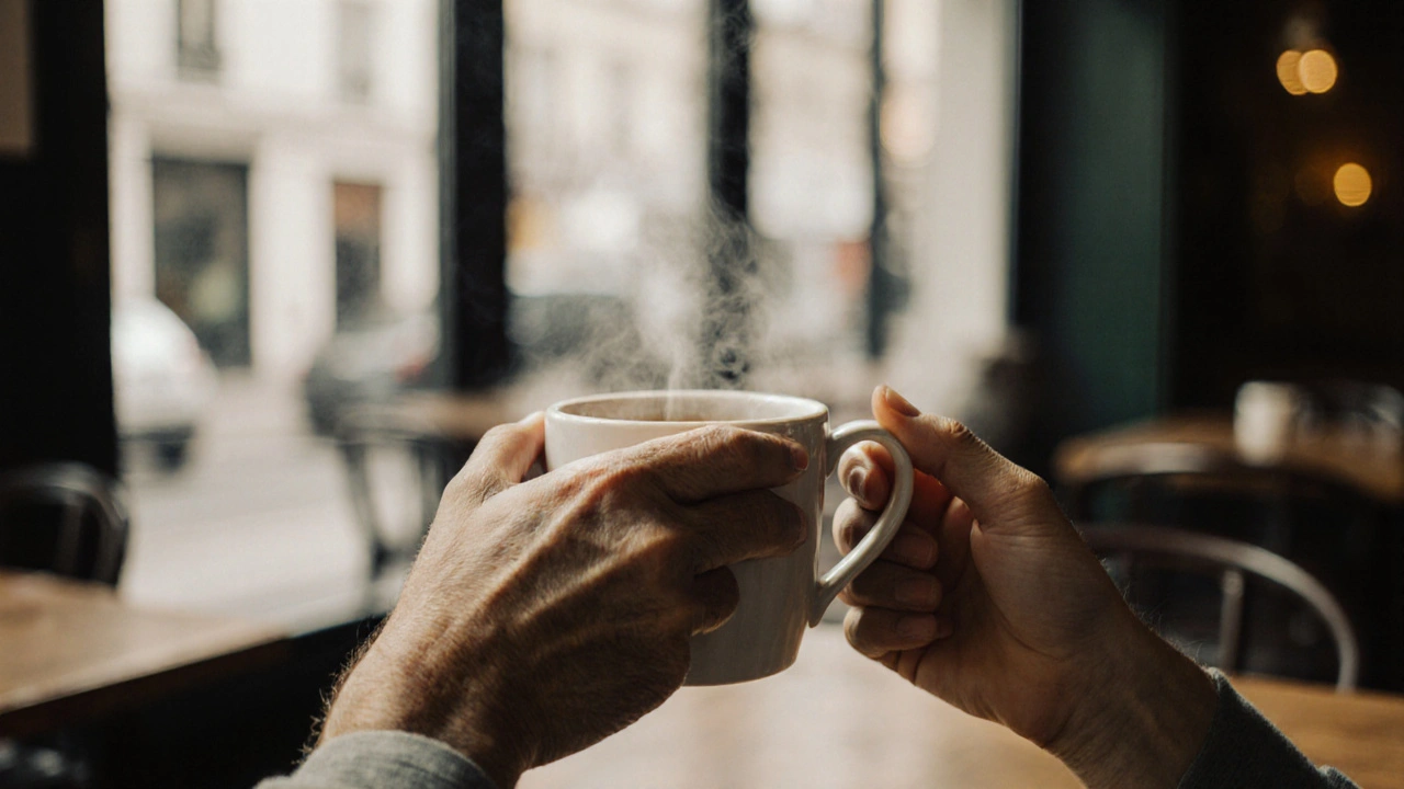 Two hands holding a warm cup of tea, conveying quiet connection and mutual respect.
