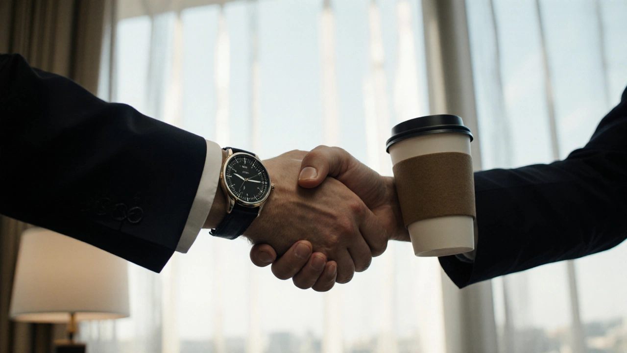 Two hands shaking in a quiet hotel lobby, symbolizing mutual respect.