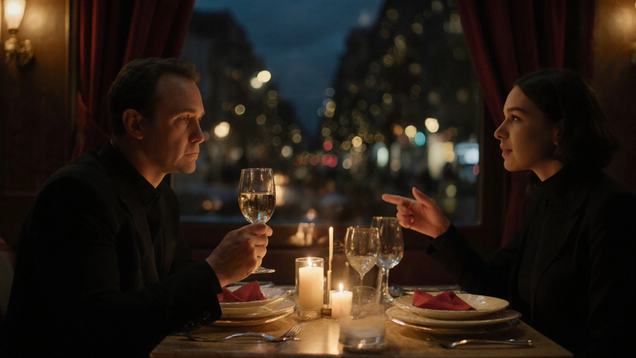 Two people dining quietly at a restaurant in West London, faces unseen, warm candlelight glowing.