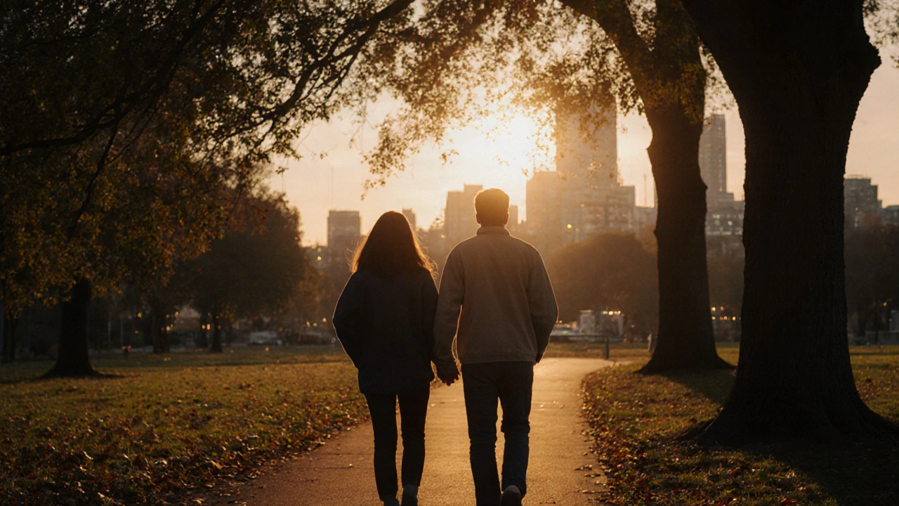 Two people walking peacefully in a London park at dusk, side by side.
