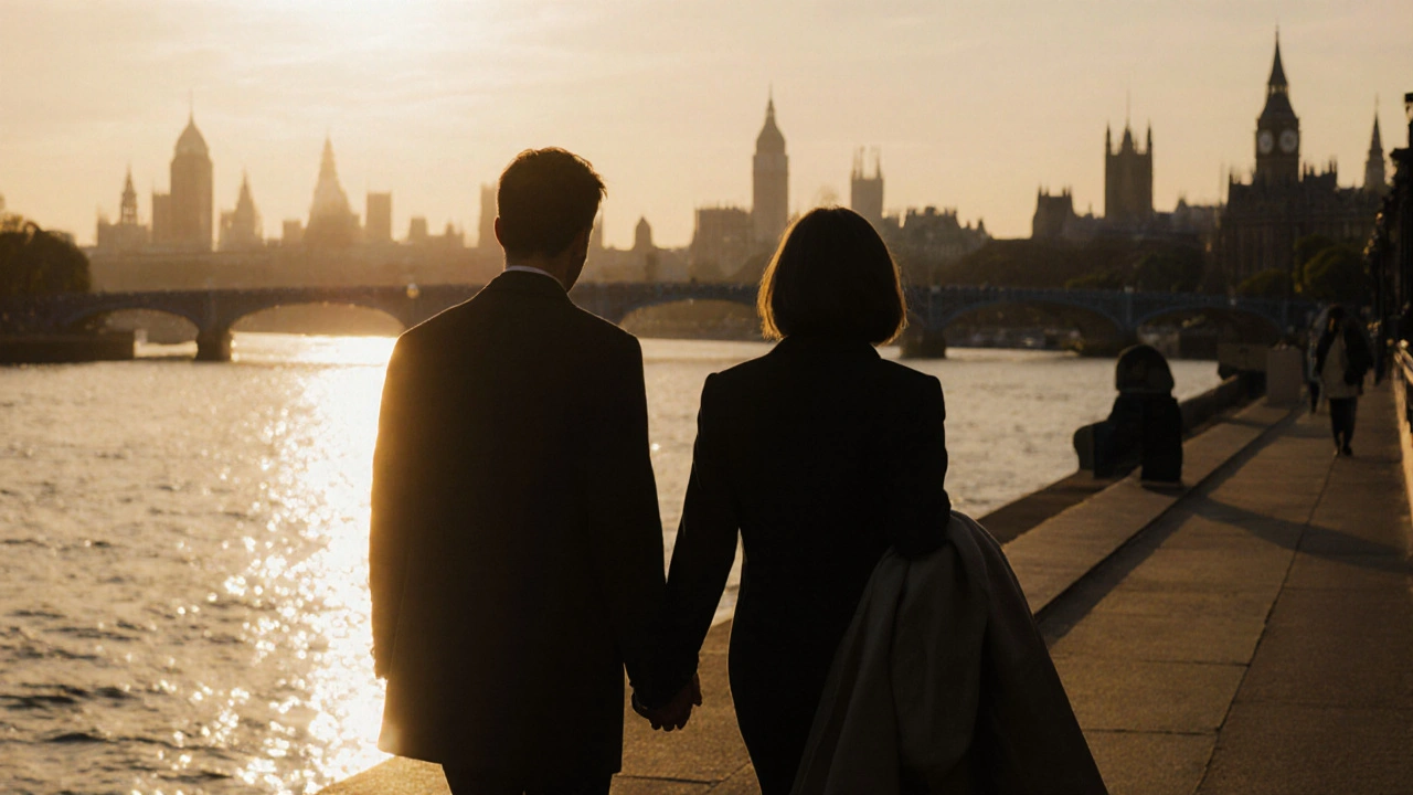 Two people walking quietly along the Thames at sunset, back view