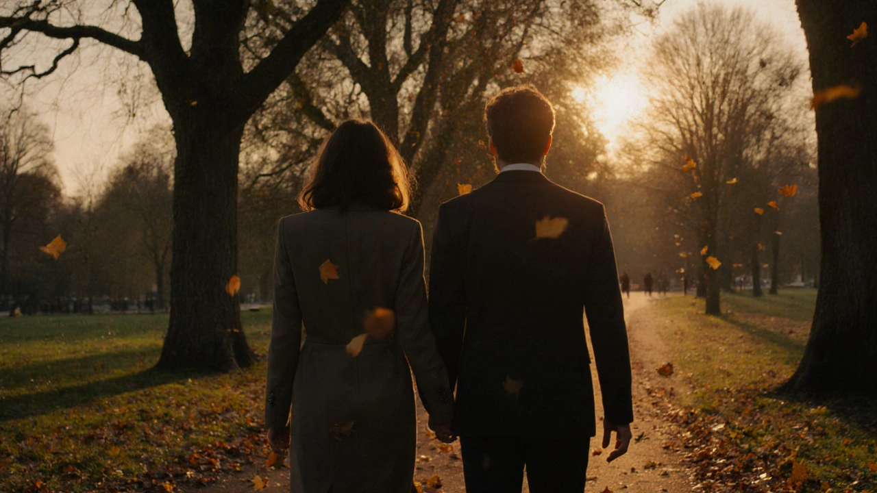 Two people walking side by side in Hyde Park at sunset, back views only.