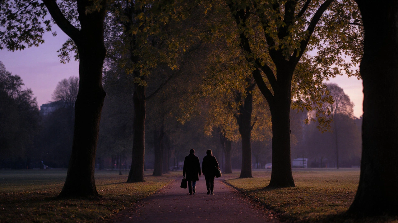 Two silhouettes walking peacefully through Victoria Park at dusk under autumn trees.