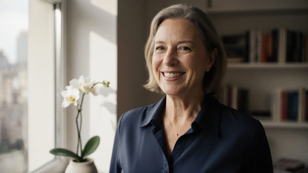 Woman in her 40s smiling warmly in a tailored blouse with natural lighting