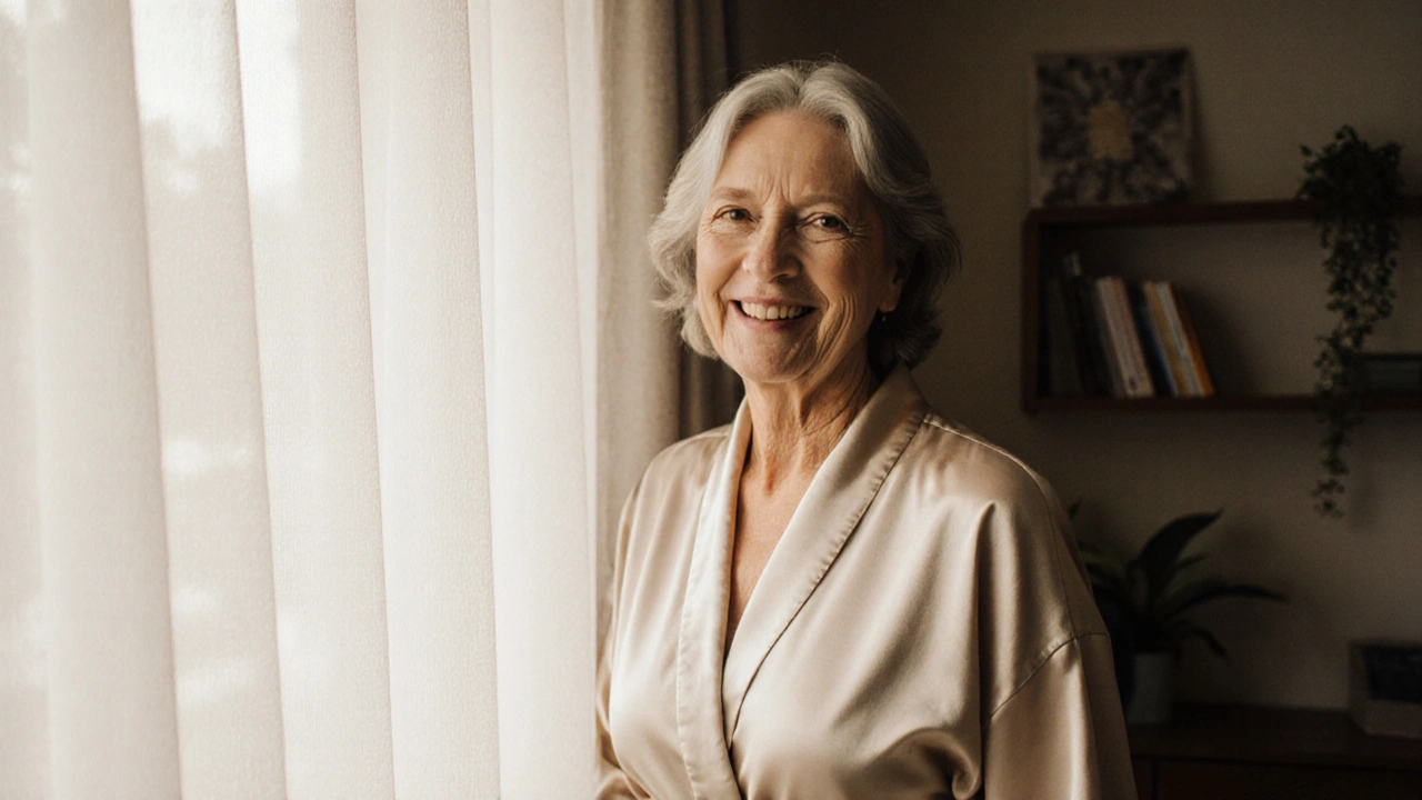Woman in her 40s smiling warmly in silk robe, natural lighting, respectful pose