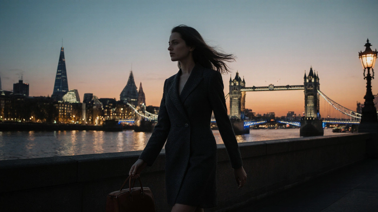 Woman walking calmly along the Thames at dusk in tailored dress