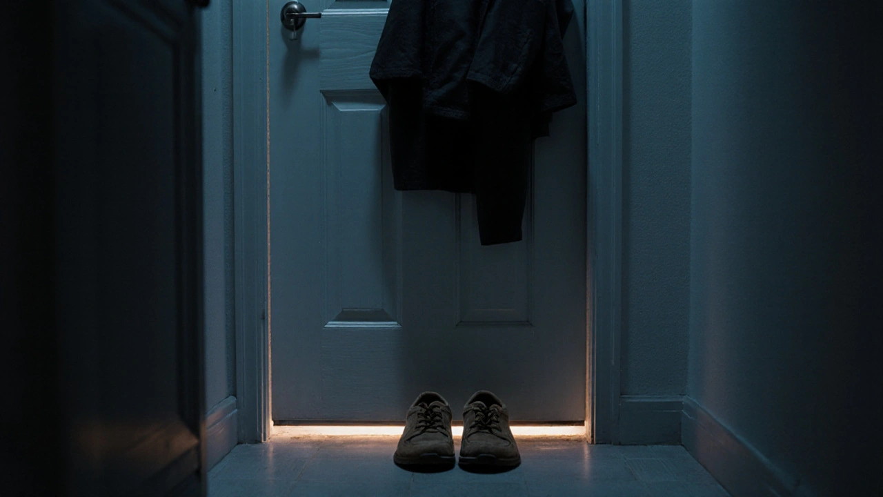 Worn shoes by a closed door, light glowing under it, suggesting a quiet departure.