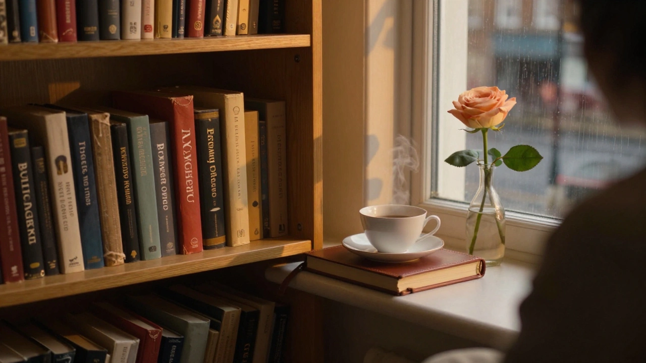A bookshelf with a teacup and journal by a rainy window.