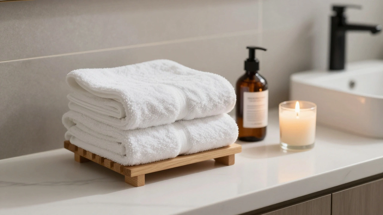 A clean minimalist bathroom with folded towels and soap, symbolizing professionalism and preparation.