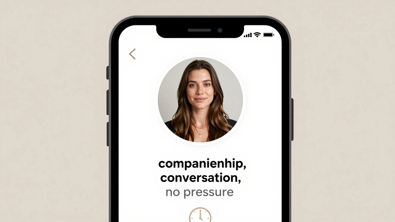 A clean smartphone screen displaying a professional escort profile with no explicit content.
