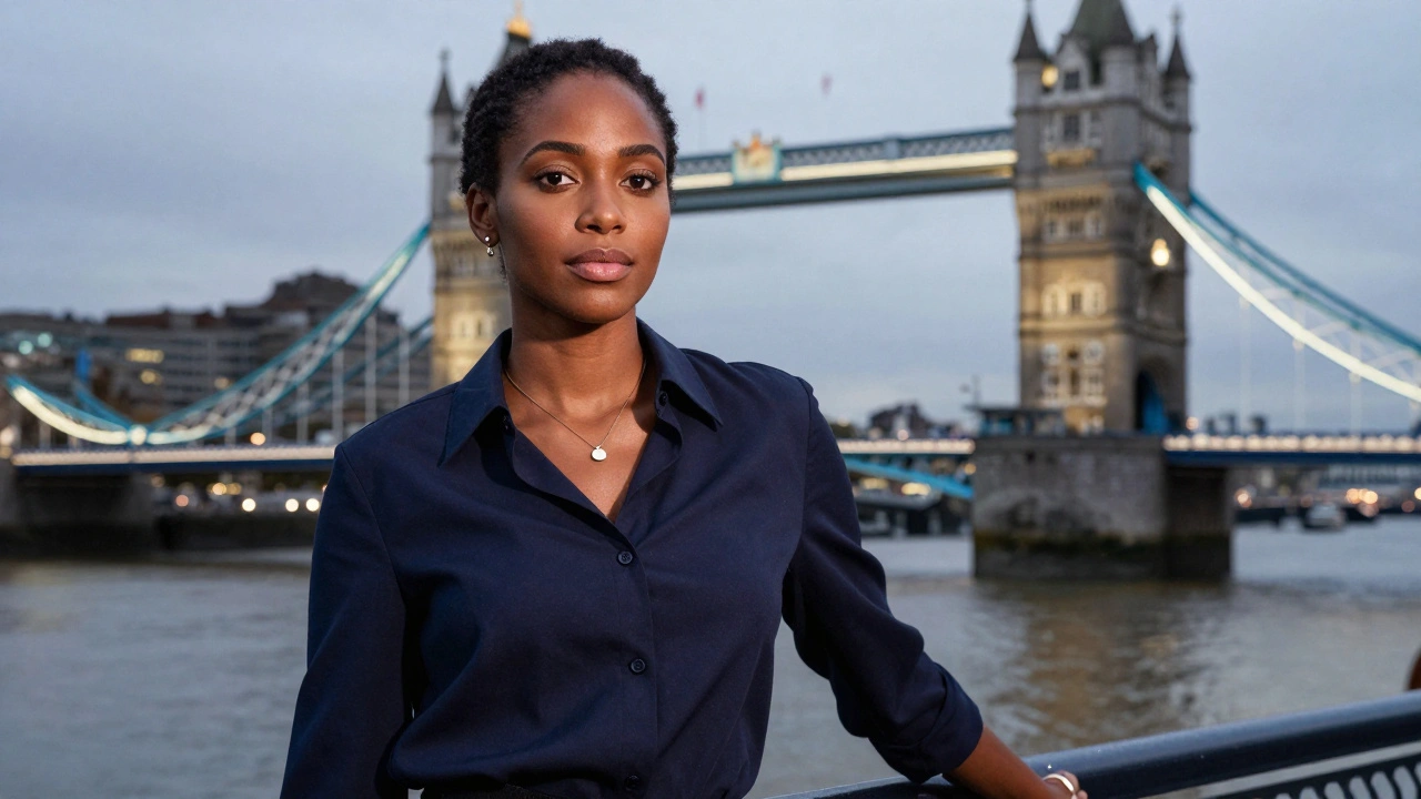 A confident Black woman standing elegantly in front of Tower Bridge at twilight.