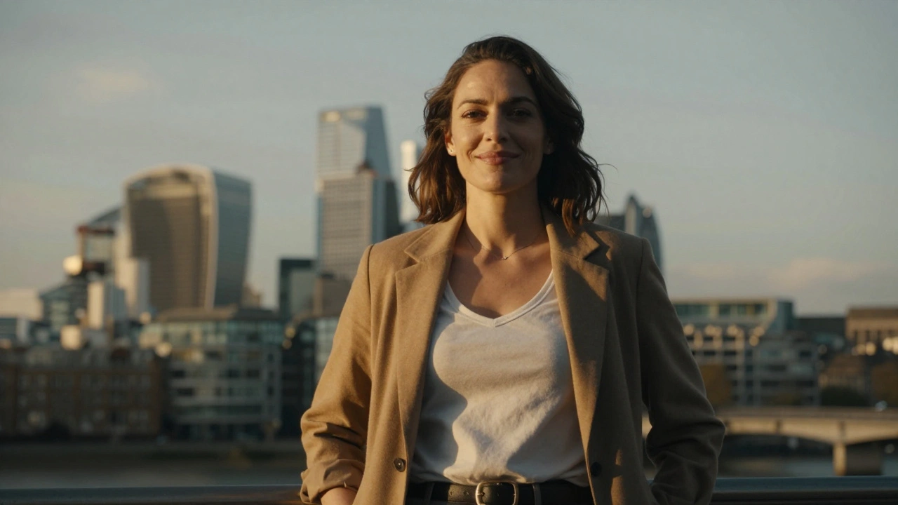 A confident woman smiling against the London skyline, radiating professionalism and calm.