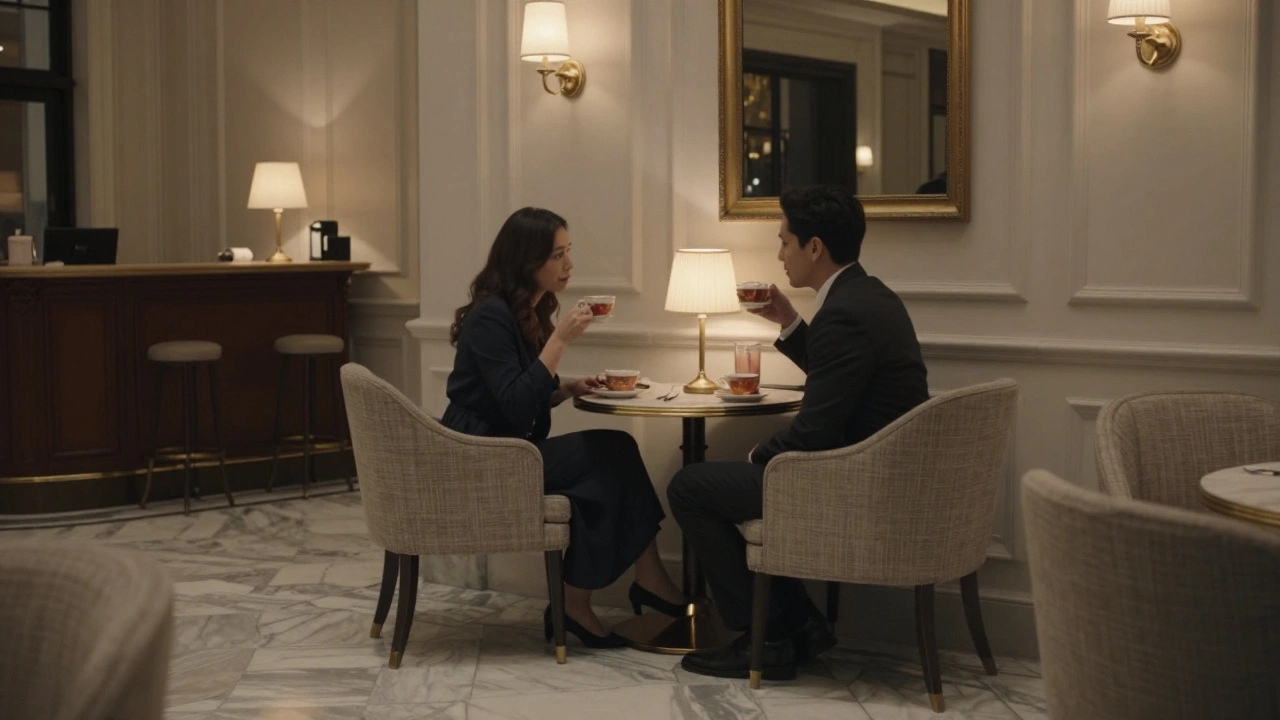 A couple in elegant attire having a discreet conversation in a luxurious London hotel lobby.