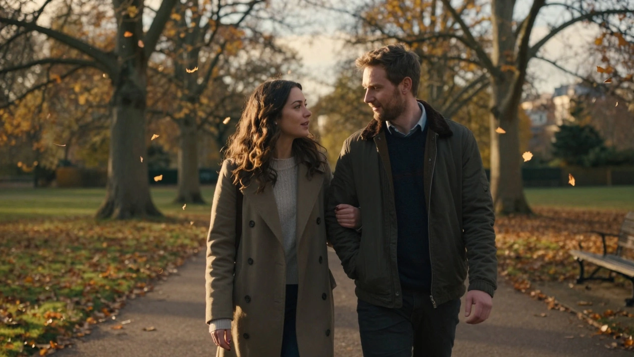 A couple walking calmly in St. James’s Park at dusk, engaged in quiet conversation.