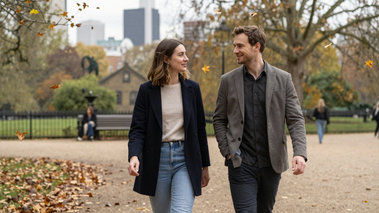 A couple walking peacefully through Hyde Park during autumn.