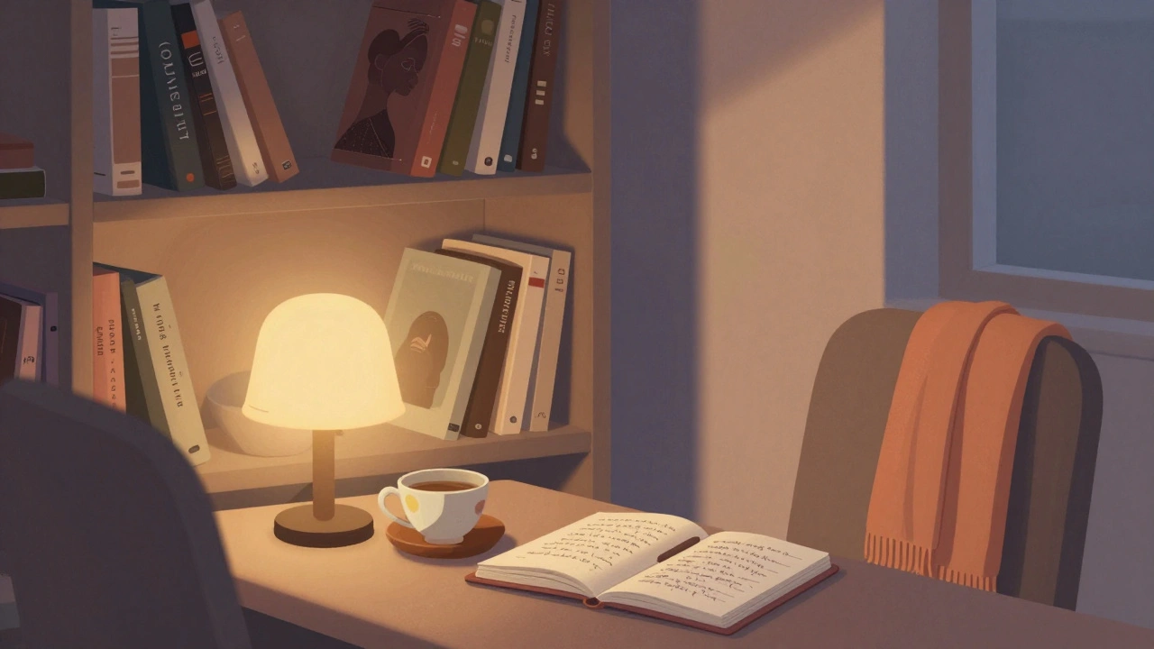 A cozy apartment with a teacup, open journal, and soft lighting on a bookshelf.