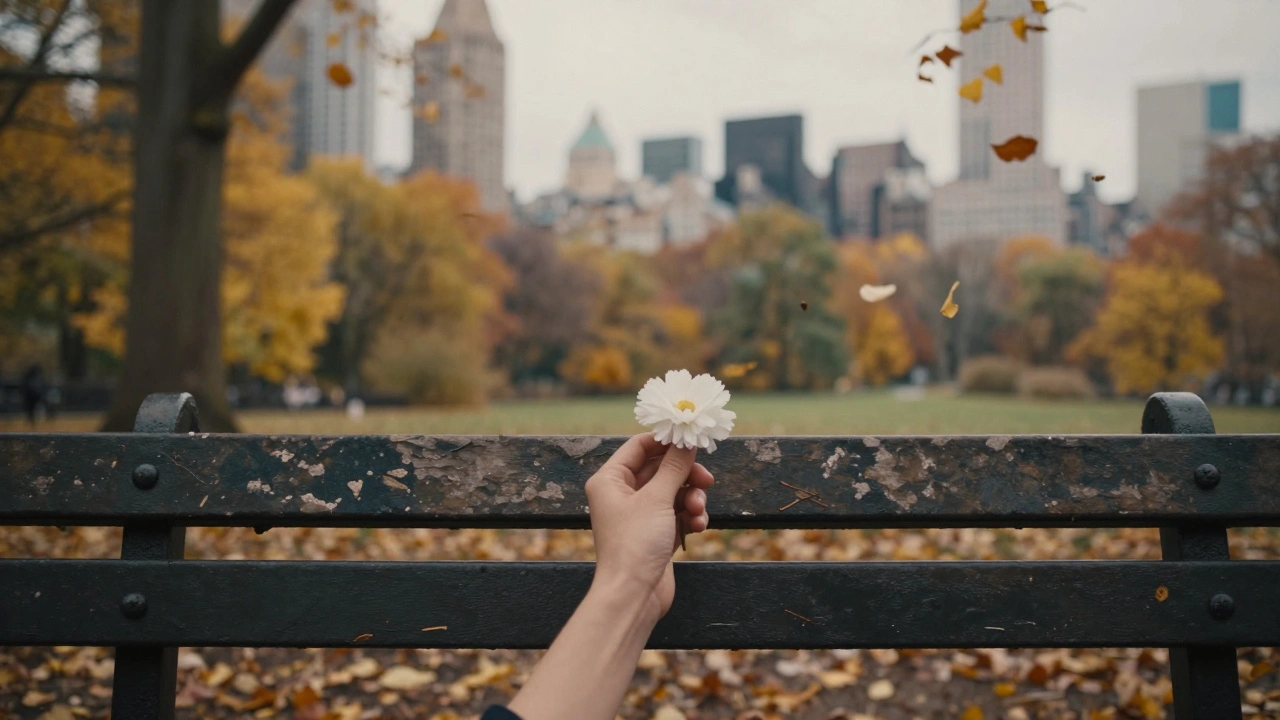 A flower placed on a park bench in Hyde Park with autumn leaves and city skyline.