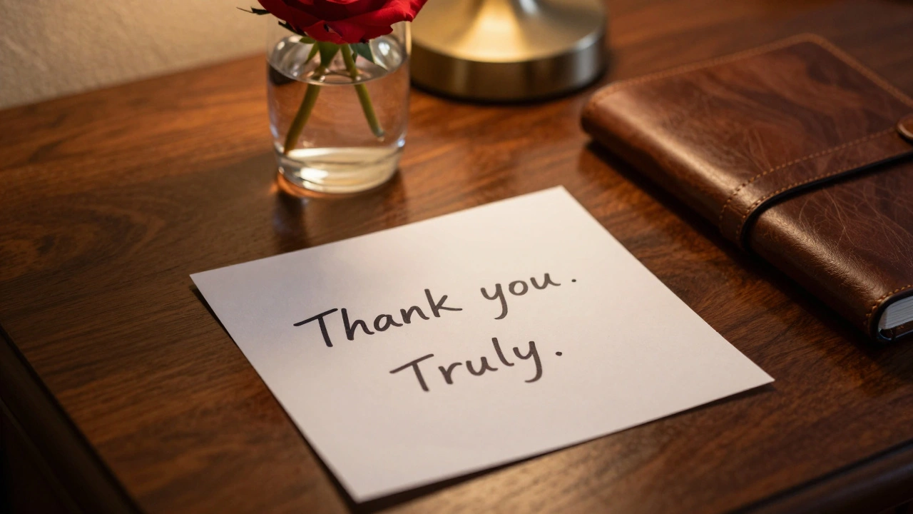 A handwritten 'Thank you. Truly.' note on a hotel desk beside a rose and notebook.