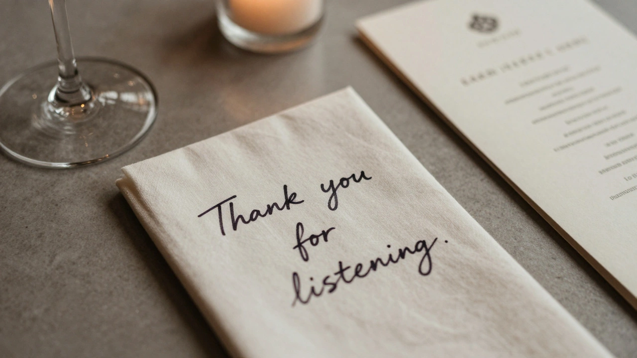 A handwritten thank-you note on a napkin in a luxury restaurant, with a wine glass nearby.