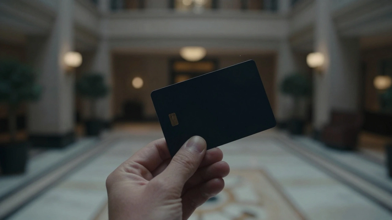 A hotel keycard held in hand with a blurred cityscape behind.