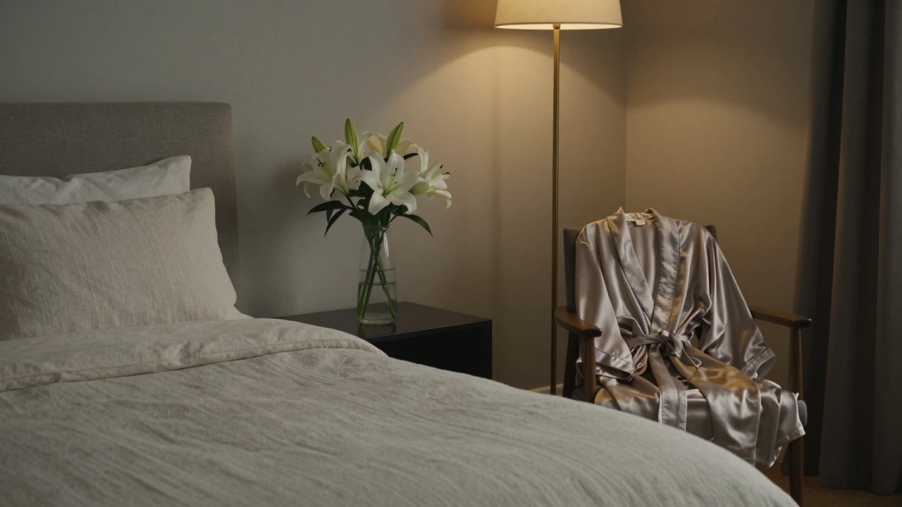 A peaceful, professionally arranged bedroom with a robe, flowers, and soft lighting.