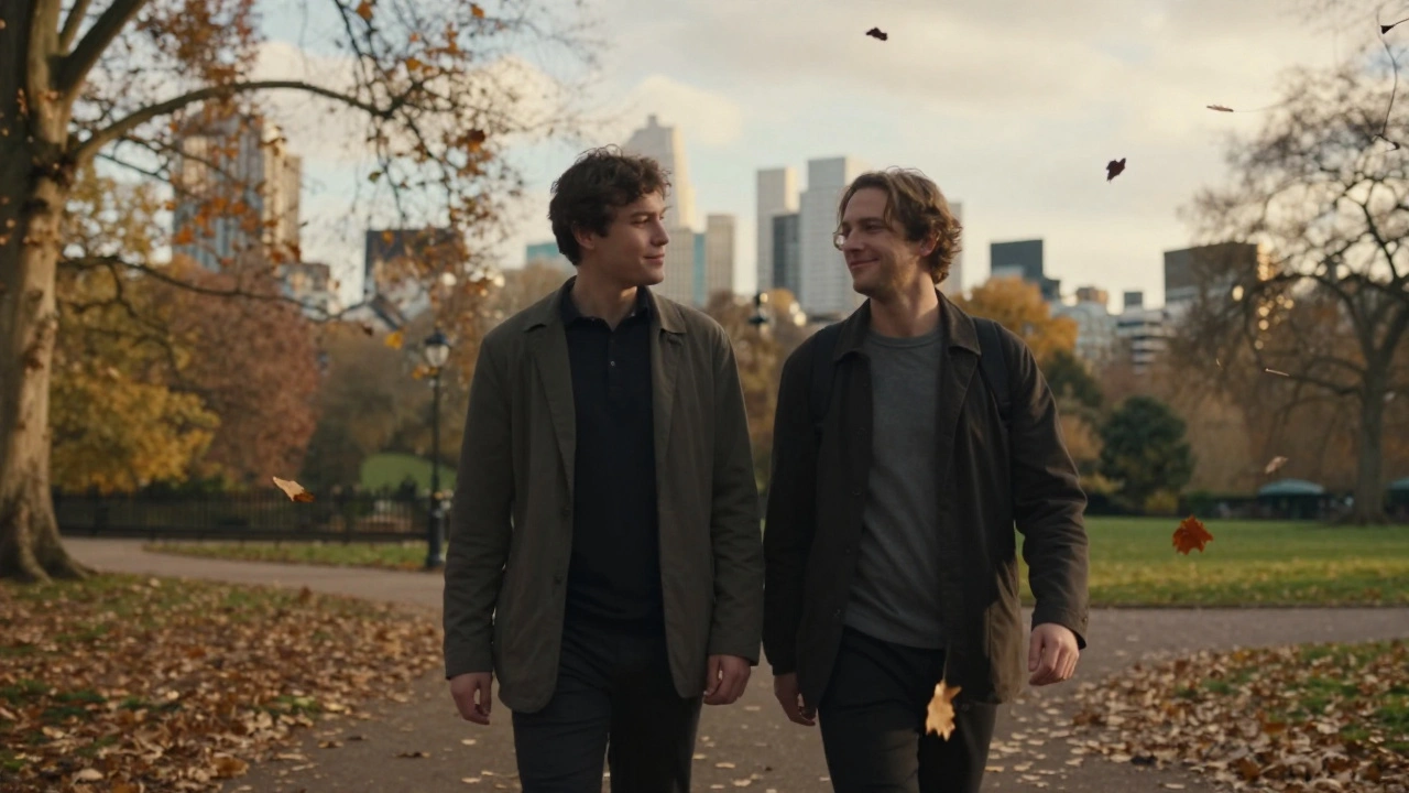 A person and companion walking peacefully through Hyde Park at sunset.
