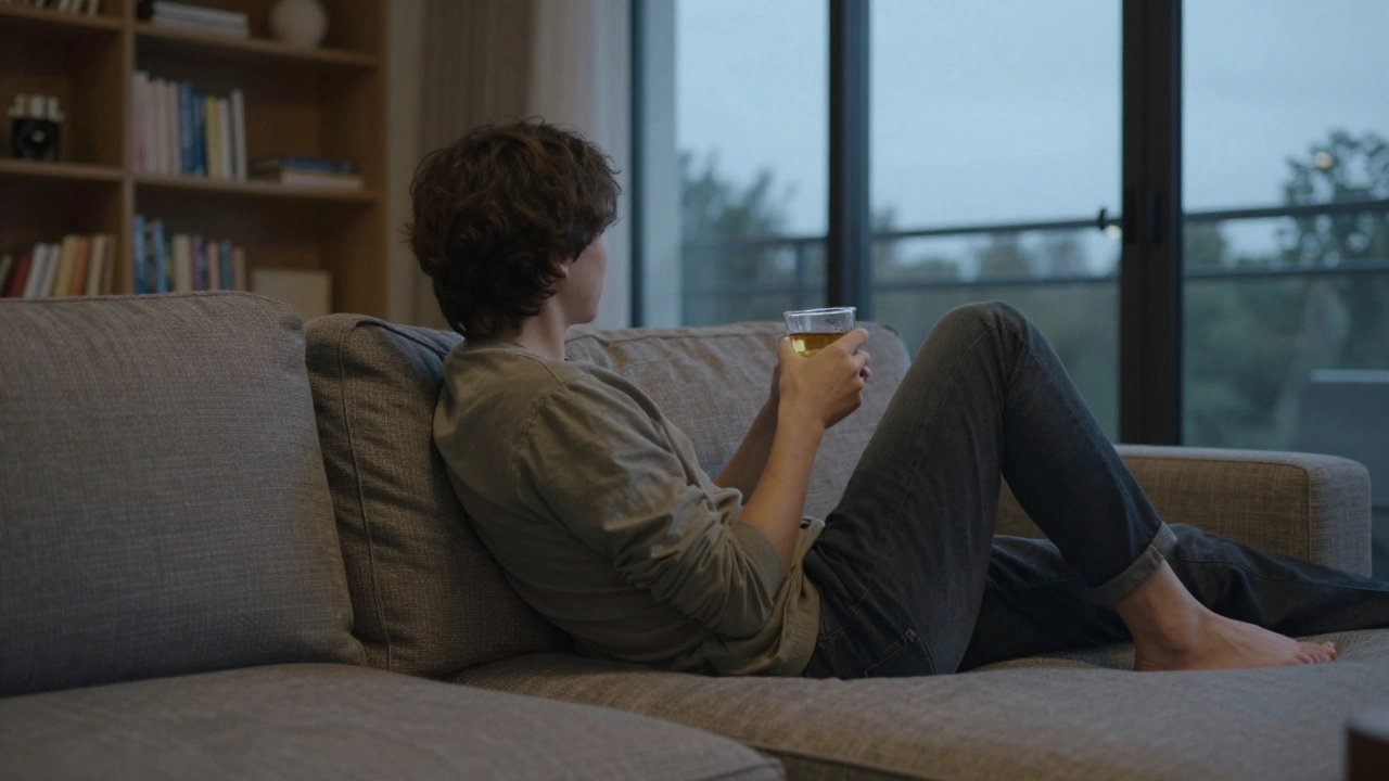 A person sitting calmly on a sofa with tea, facing away, in a quiet, well-lit room.
