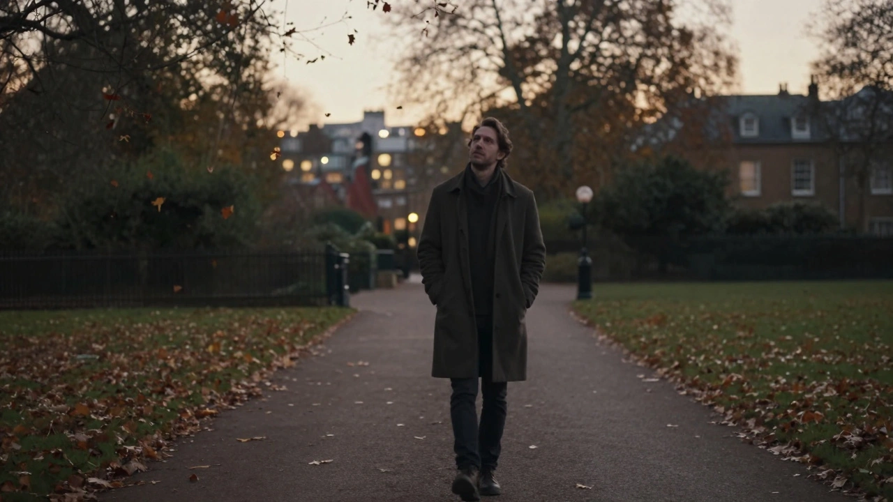 A person walking alone in Kensington Gardens at sunset, calm and peaceful.