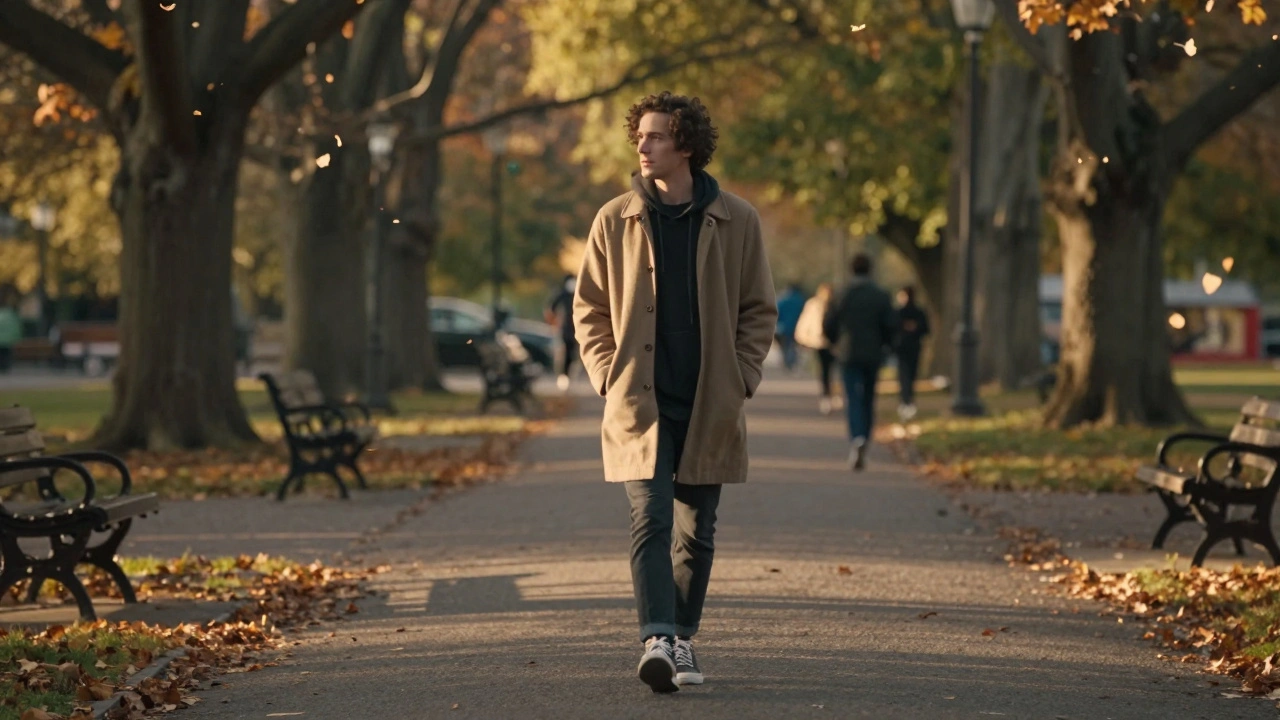 A person walking calmly in Victoria Park at dusk, embodying peace and introspection.