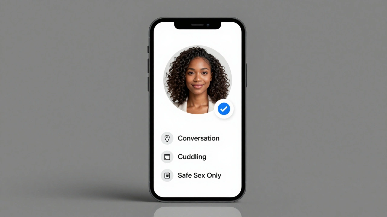 A smartphone screen showing a professional escort profile with verified badge and service options.