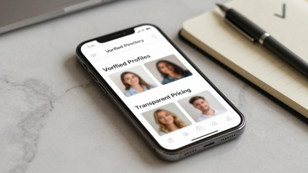 A smartphone showing a professional escort directory website with blurred profiles and clear text.