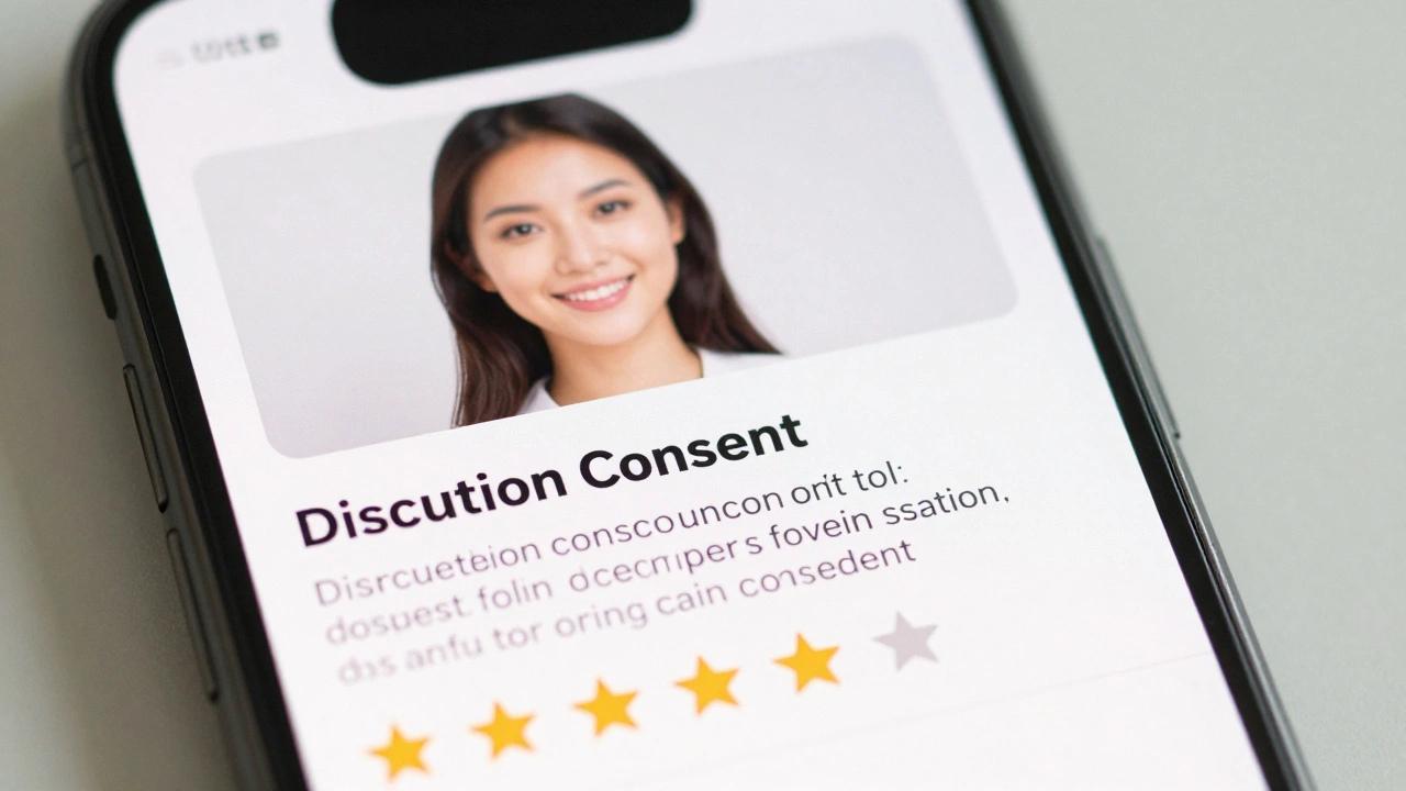 A smartphone showing a professional escort profile with a real photo and clear bio.