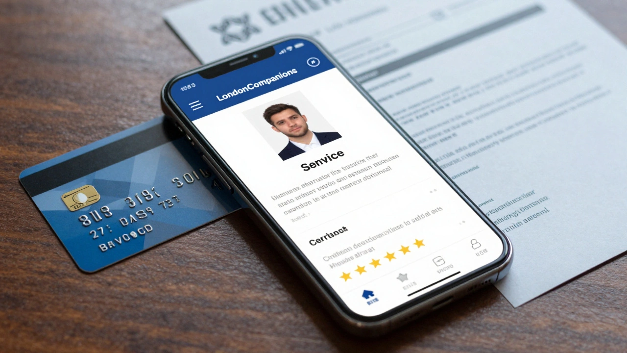 A smartphone showing a verified escort profile with reviews and payment details.