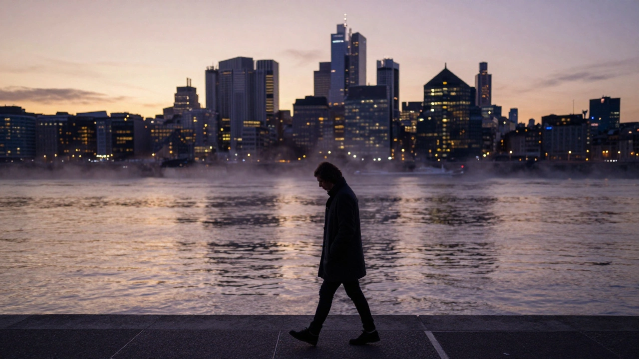 A solitary person walking along the Thames at dusk, city lights reflecting on the water.