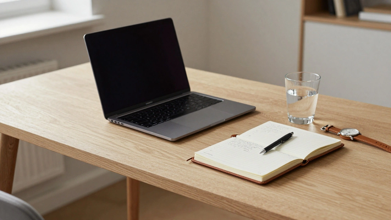 A tidy desk with laptop, notebook, and glass of water, symbolizing professionalism.