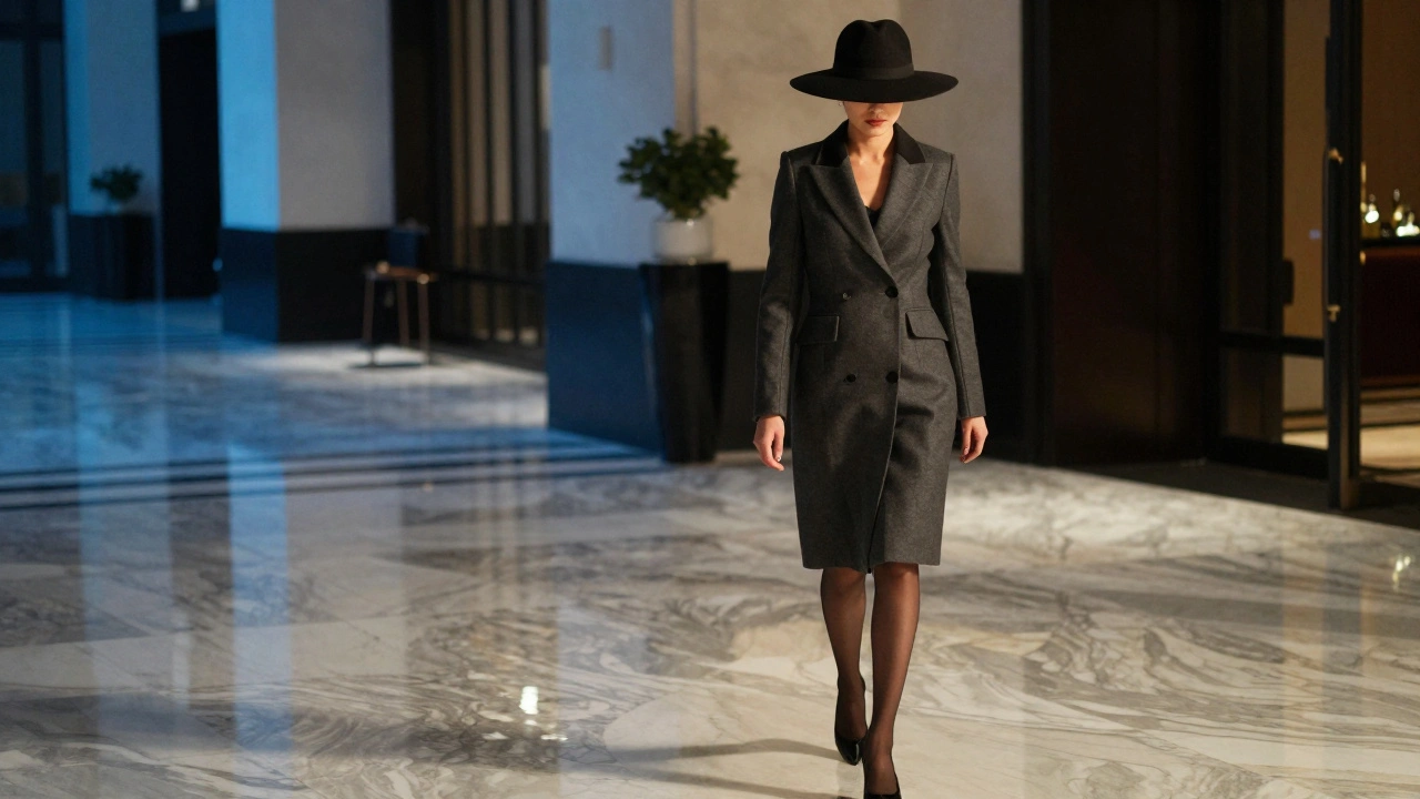 A woman in a tailored coat entering a luxury hotel lobby, face obscured, exuding professionalism and discretion.