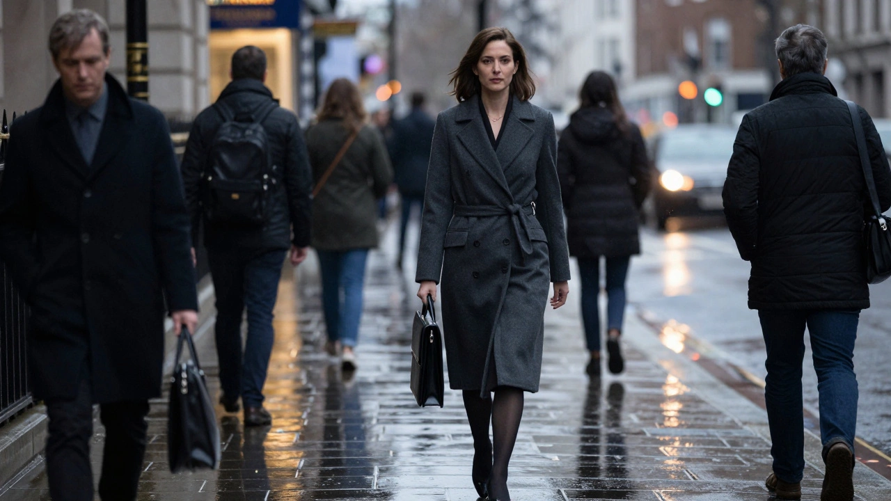 A woman in a tailored coat walking confidently through a London street at dusk.