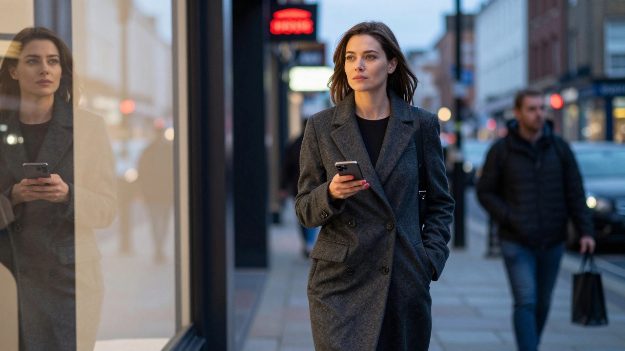 A woman in a tailored coat walking confidently through Shoreditch at dusk.