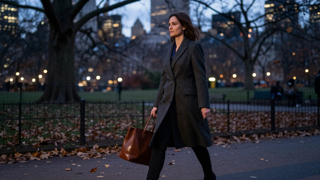 A woman in a tailored coat walking through Hyde Park at dusk, leaves swirling around her.