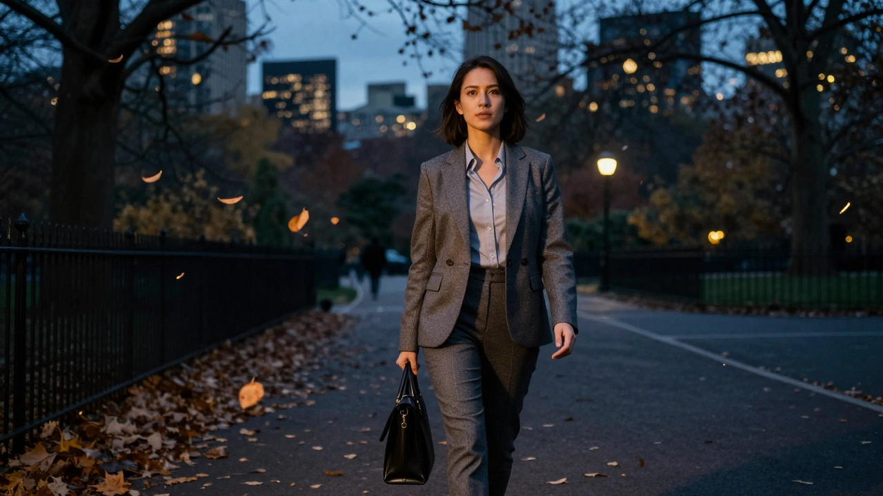A woman walking calmly through Hyde Park at dusk, elegant and composed.