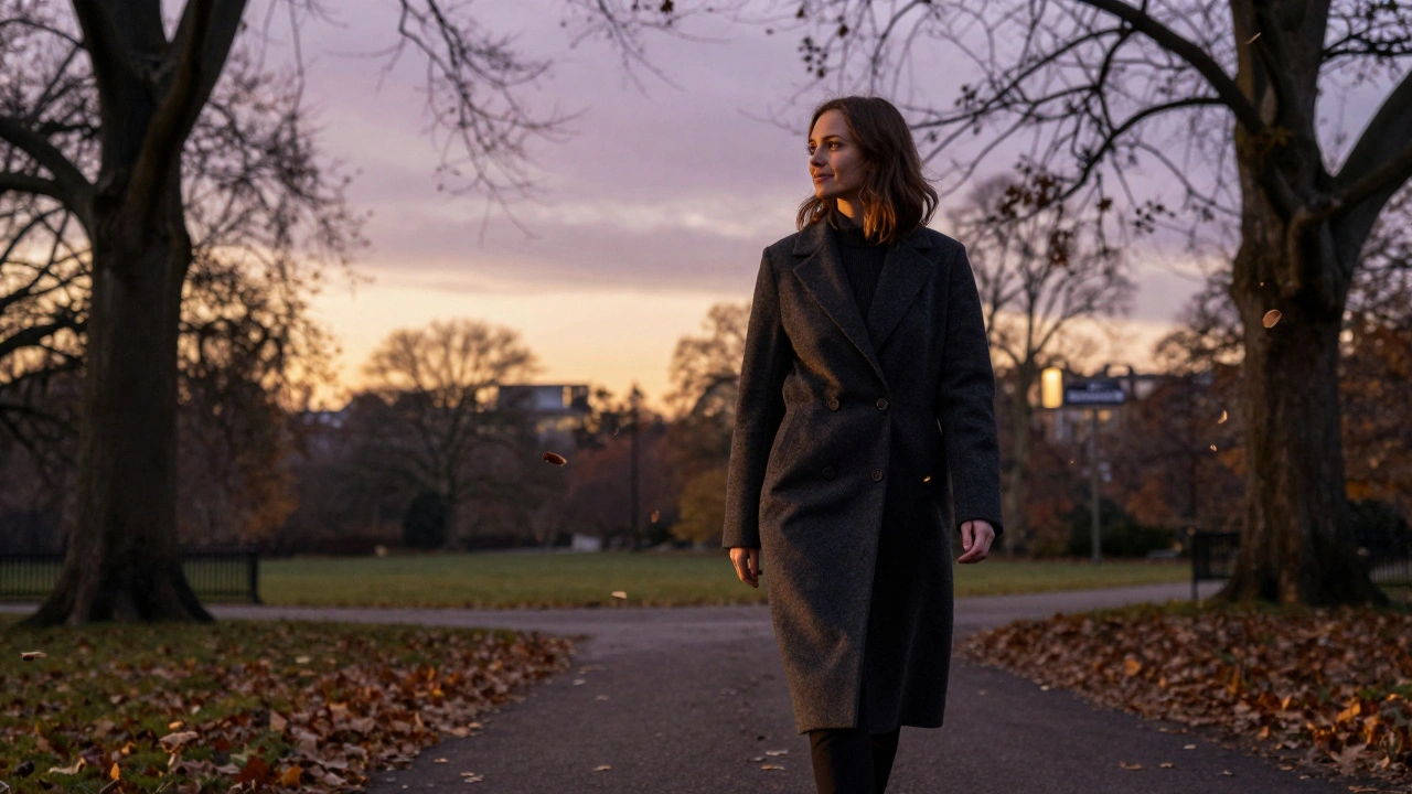 A woman walking calmly through Hyde Park at dusk.