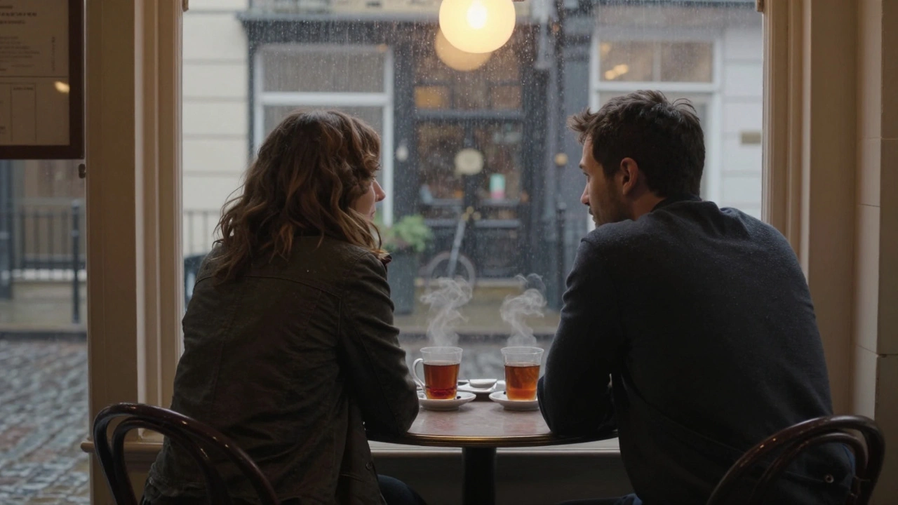 Back view of two people calmly sharing tea at a café in rainy Notting Hill.