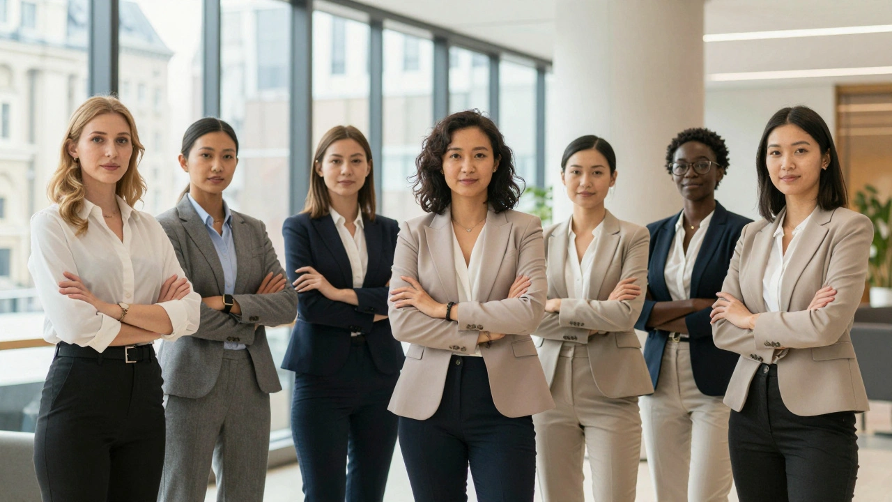 Diverse professionals in business casual attire, exuding confidence and dignity.